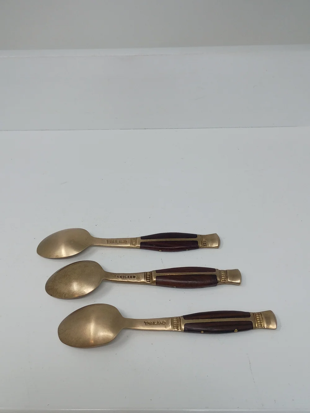 Vintage 1960's Thailand Brass Dessert Spoons with Brown Teak Wood Handles